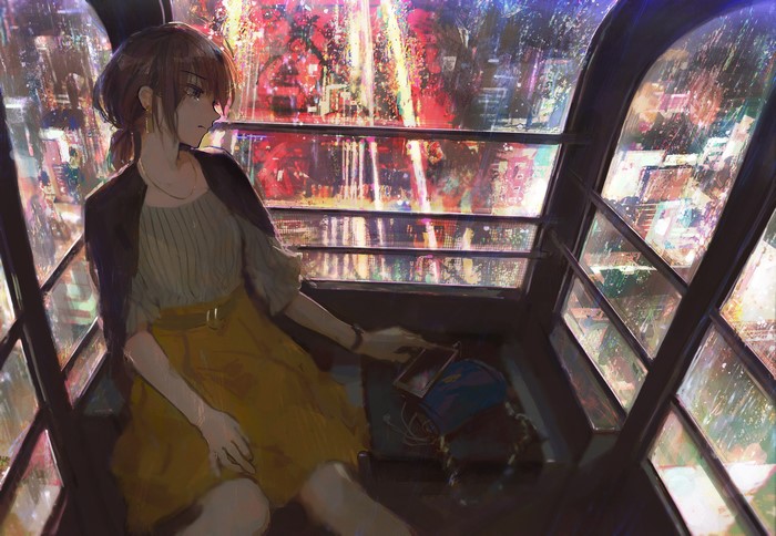Anime girl in a Ferris wheel overlooking city lights