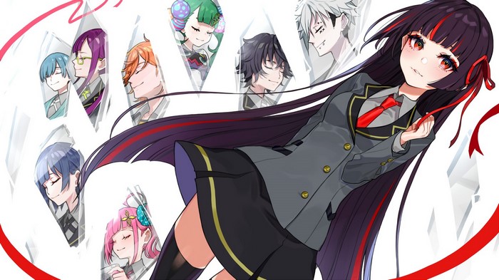 Anime characters in diamond shapes with a girl in foreground