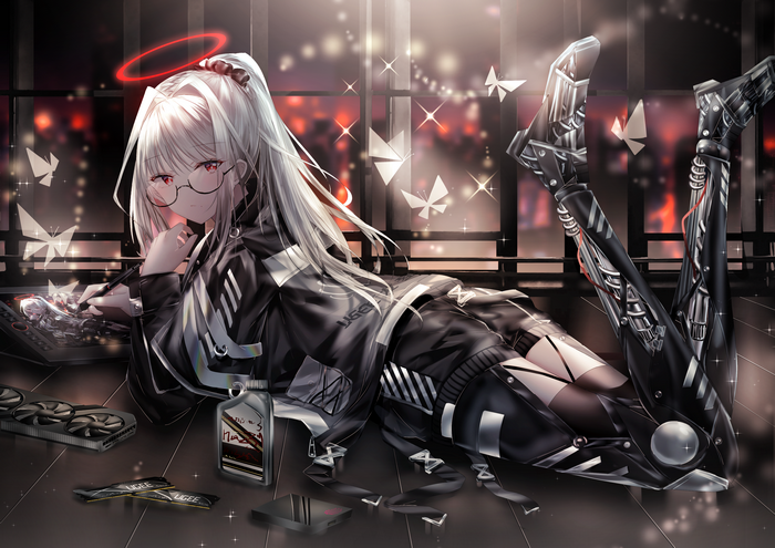Anime girl with halo and cybernetic legs drawing