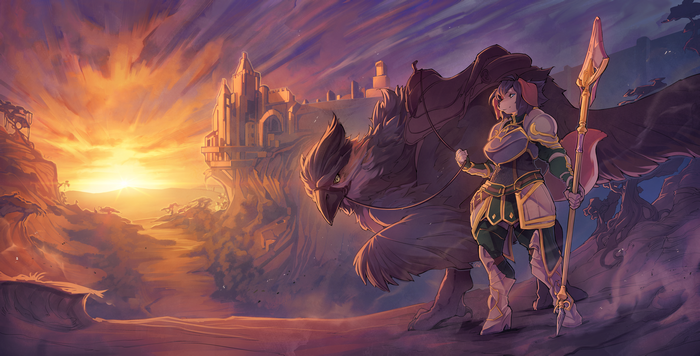 Anthro warrior with griffin and castle at sunset