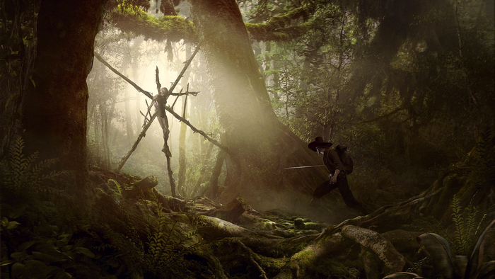Fantasy art of a skeleton creature and a swordsman in a forest