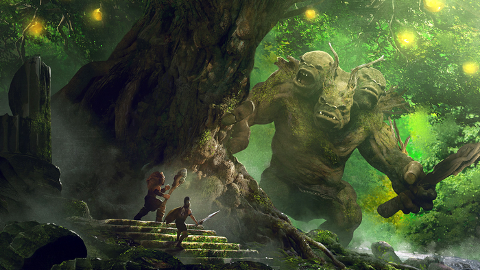 Three-headed giant creature fighting two warriors in a forest