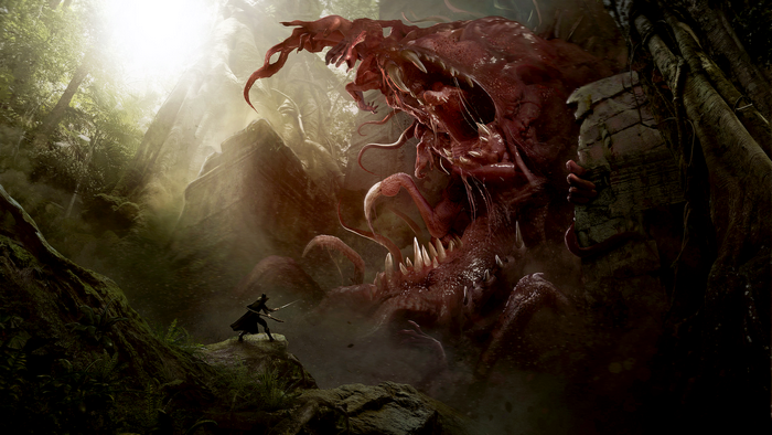 Man battles giant monster in a misty forest