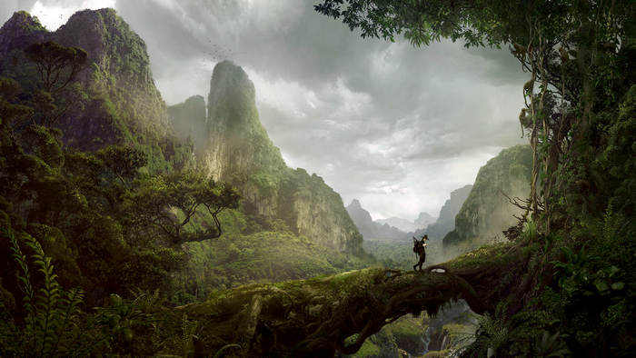 Man walking on a log bridge in a jungle landscape