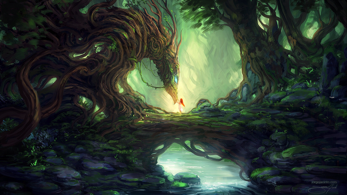 Fantasy forest with a girl and a tree dragon