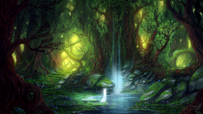 Fantasy forest with waterfall and a woman