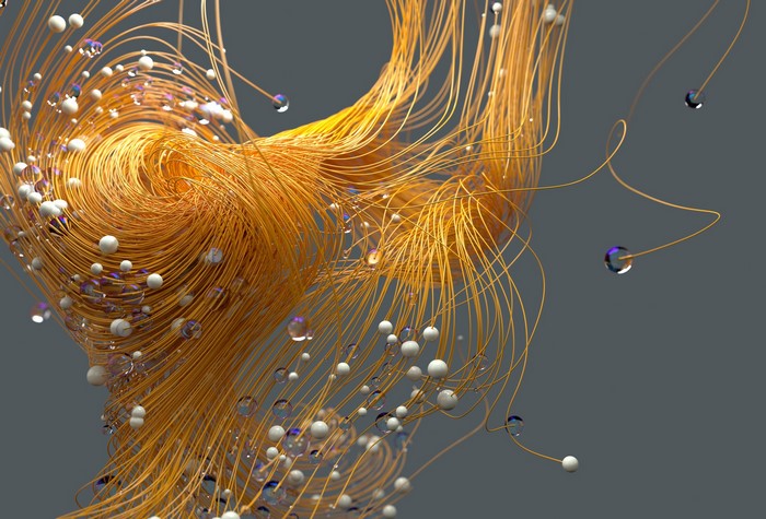 Abstract render of swirling golden lines with spheres