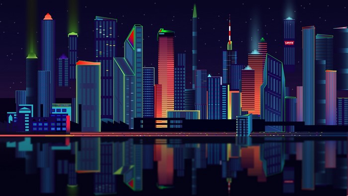 4K Vector Cityscape at Night with Reflections