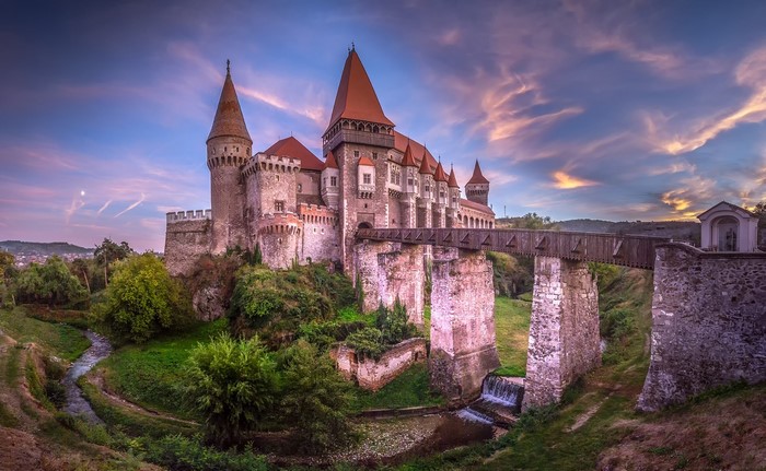 Corvin Castle in Romania at sunset