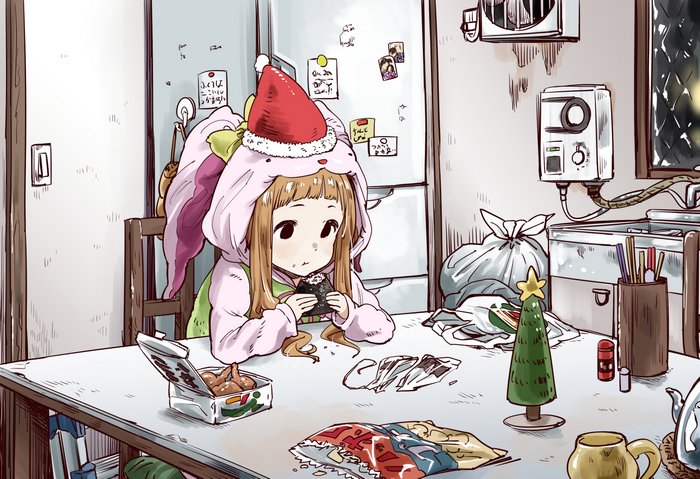 Anime girl in Santa hat eating onigiri
