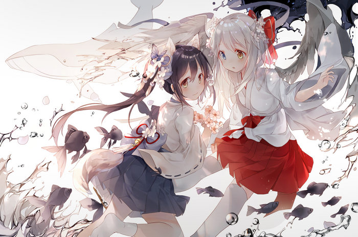 Two anime girls in kimonos with fish and water elements