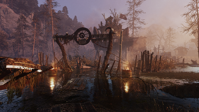 Post-apocalyptic swamp settlement with wooden structures
