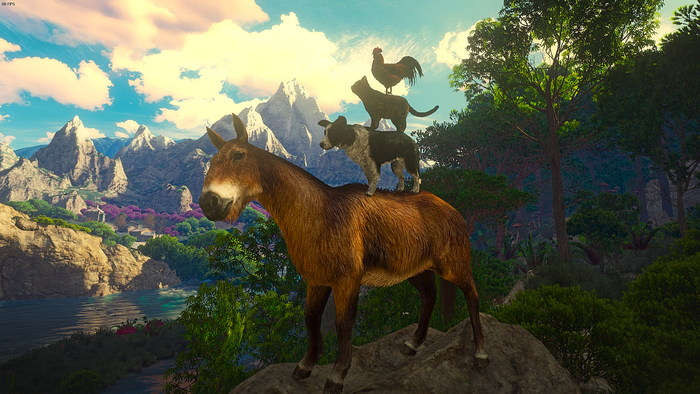 Animals stacked on a donkey in a fantasy landscape