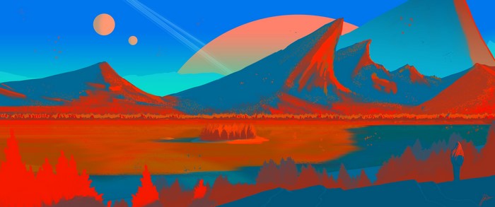 Alien landscape with planets and rings