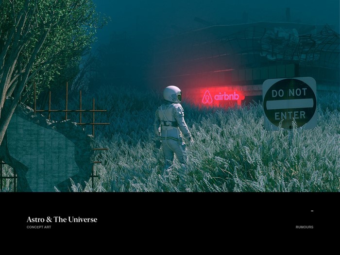 Astronaut near Airbnb sign in overgrown area