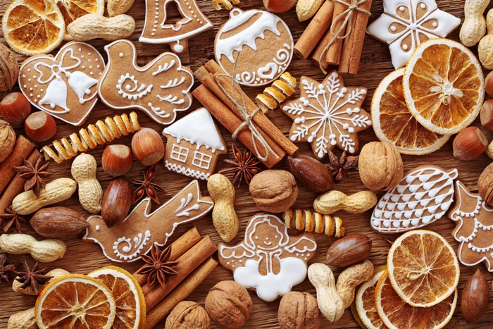 Christmas cookies with cinnamon, oranges, and nuts