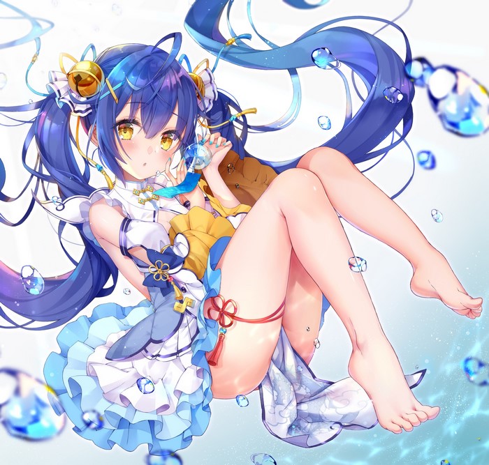 Anime girl with blue hair and yellow eyes