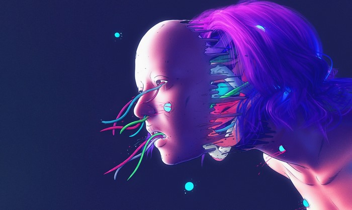 Artwork of a futuristic robot face with wires