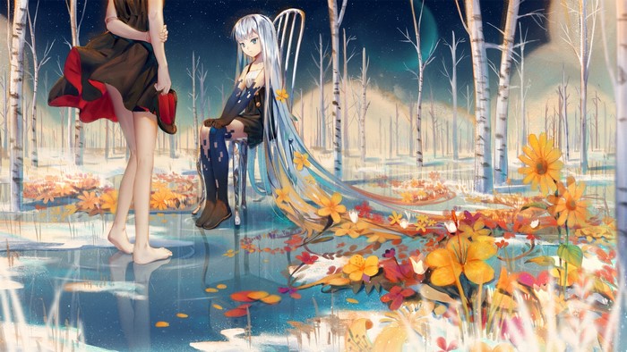 Anime girls in a snowy forest with flowers