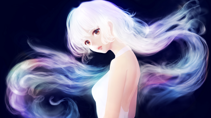 Anime girl with white hair and colorful smoke