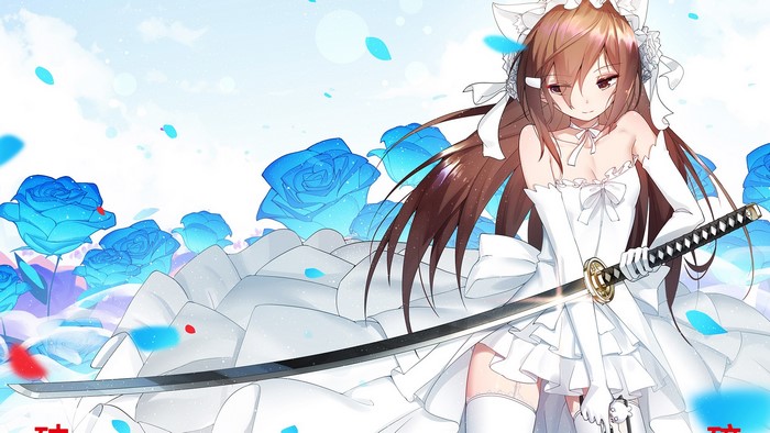Anime girl in white dress with katana and blue roses