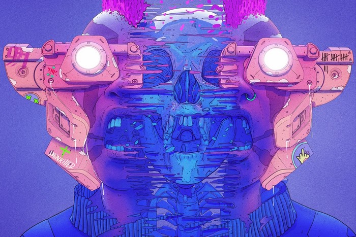 Cyberpunk skull with augmented reality goggles