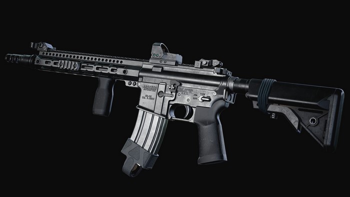 AR-15 style rifle with red dot sight