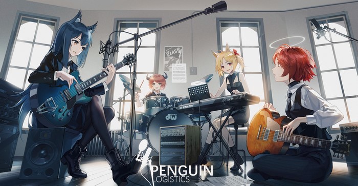 Arknights characters playing music in a studio