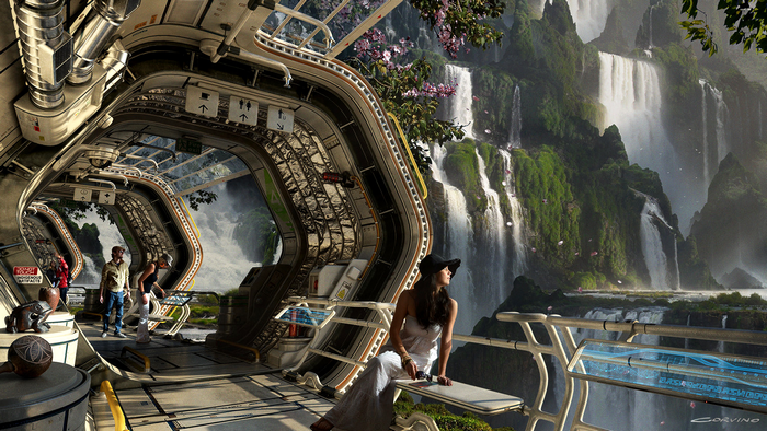 Futuristic observation deck overlooking waterfalls