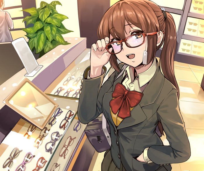 Anime girl with glasses in a store