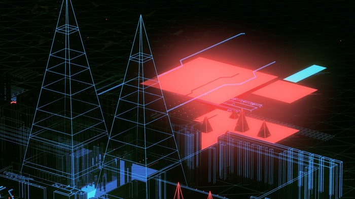 Digital city blueprint with neon towers and red platforms