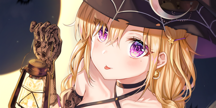 Anime girl with blonde hair and purple eyes holding a lantern