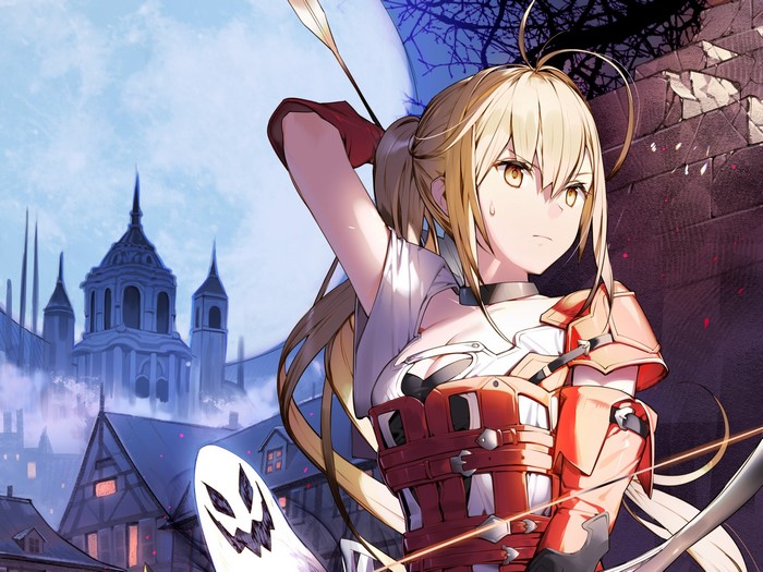 Anime girl archer in a fantasy town