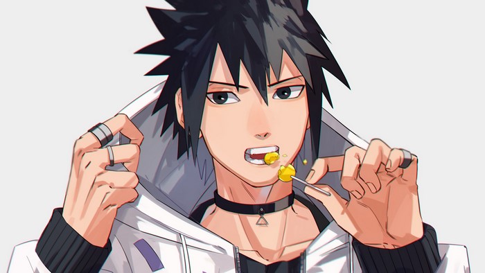 Sasuke Uchiha from Naruto eating a lollipop