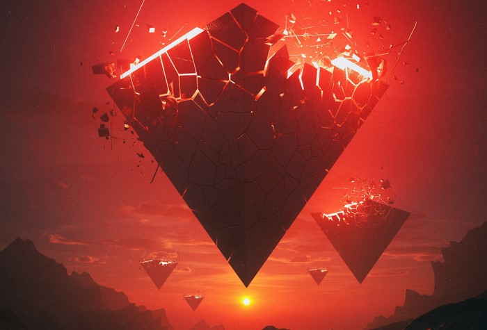 Exploding pyramids in a red sky at sunset