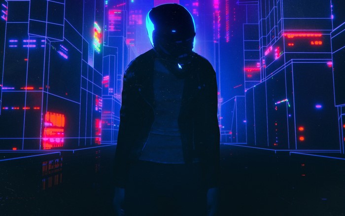 Person in a helmet in a neon city