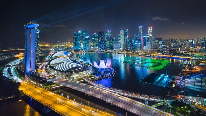 Singapore Marina Bay aerial view at night
