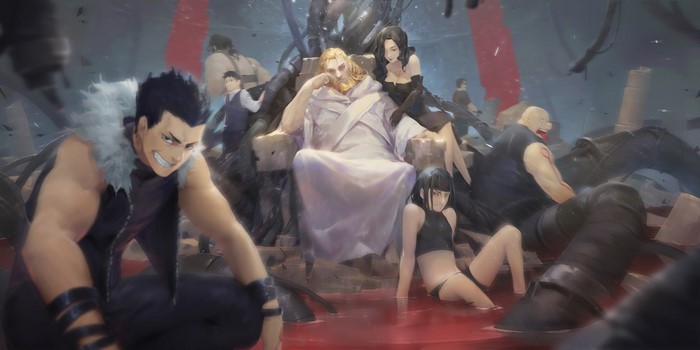 Fullmetal Alchemist characters on a throne surrounded by debris