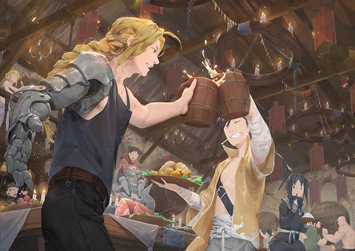 Edward Elric and friends celebrating in a tavern