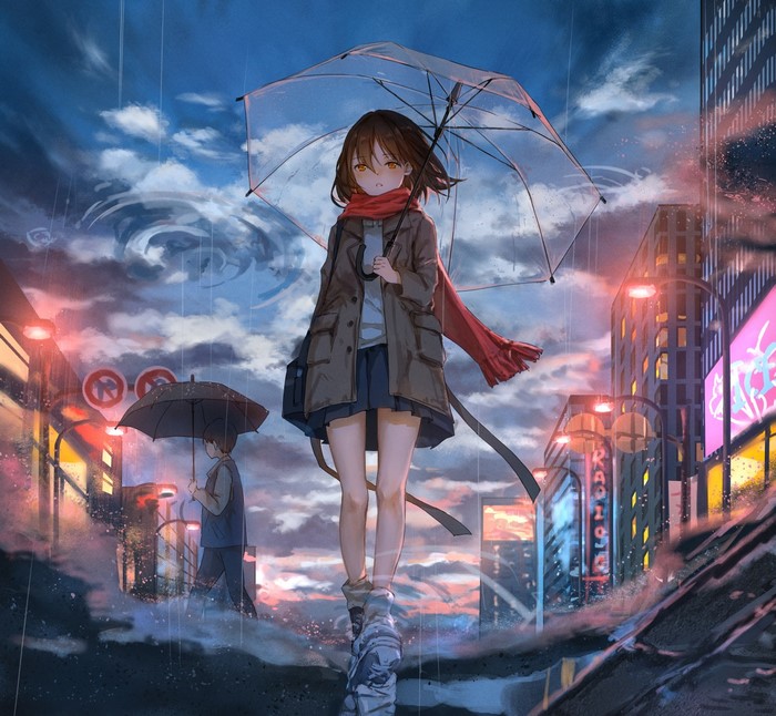 Anime Girl with Umbrella in Rainy City