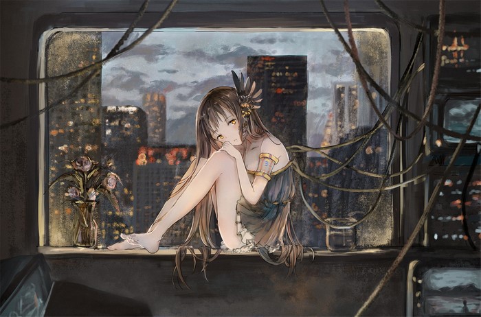 Anime girl sitting on a windowsill overlooking a city at night