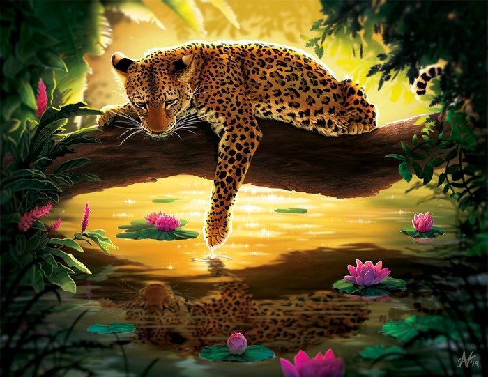 Leopard resting on a tree branch over water with lotus flowers