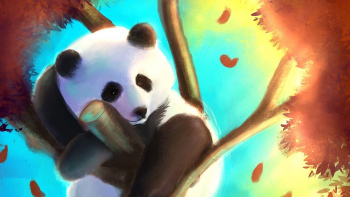 Panda resting on a tree branch with autumn leaves