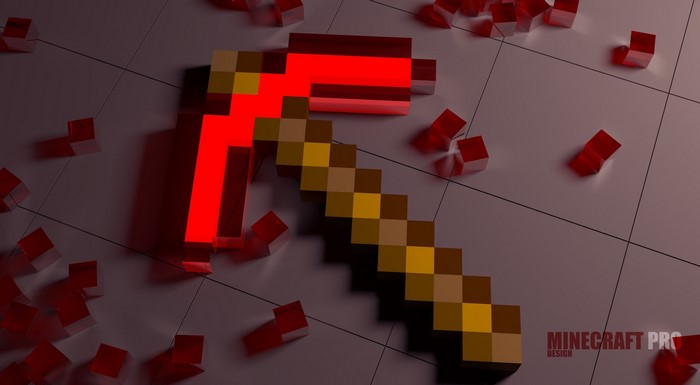 Minecraft pickaxe with red glowing head and wooden handle