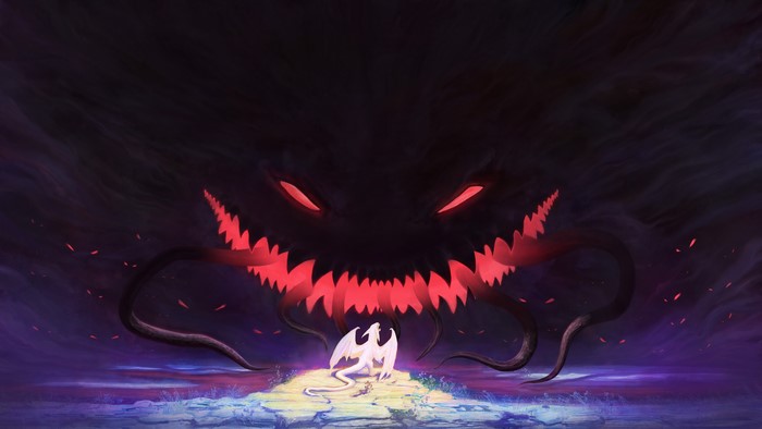 Dark fantasy artwork of a white dragon facing a shadowy monster