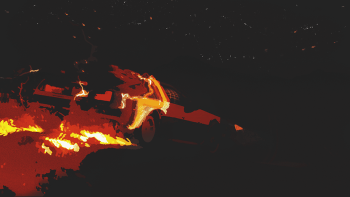 DeLorean car on fire with starry sky