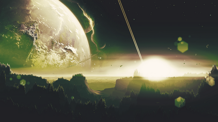 Sci-fi planet with rings and a forest landscape