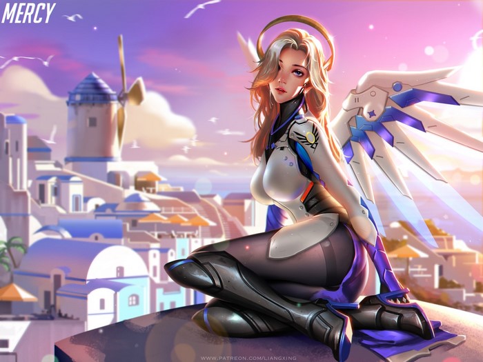 Mercy from Overwatch sitting in a Mediterranean town