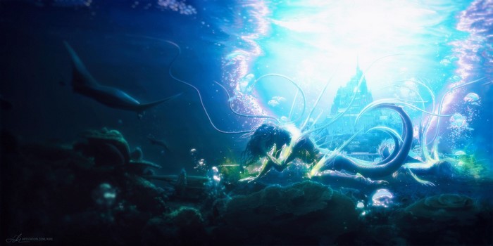 Underwater fantasy art with mermaid and manta rays