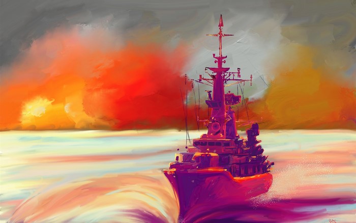 Ship sailing through rough, colorful seas under dramatic clouds